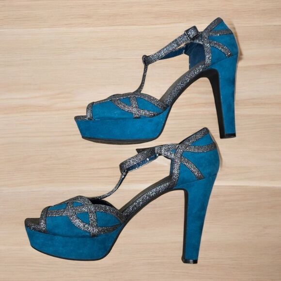 Gianni Bini Women's GB Teal Suede Glitter Platform Pumps Peep Toe 9M Formal Club - Picture 15 of 15